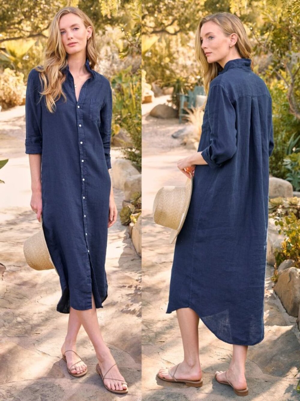 Frank & Eileen Rory Dress Navy Blue Washed Linen Maxi Shirtdress Size XL - Picture 2 of 10